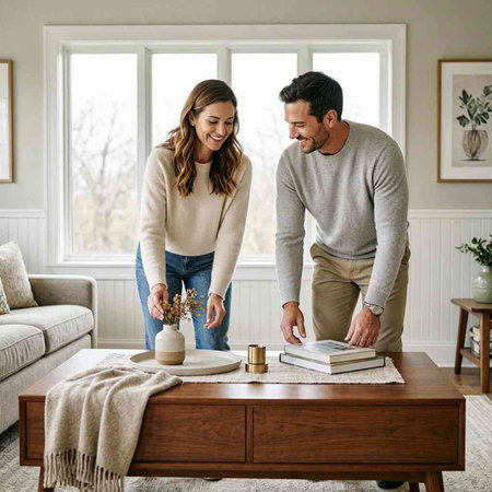 Couple in living room reading book and drinking coffee. Young man and woman spending time together at home.
