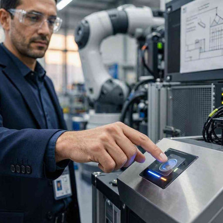 Engineer using control panel in modern factory. Smart industry 4.0 concept