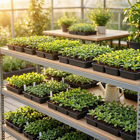 Plant seedlings in plastic pots on a shelf in a greenhouse