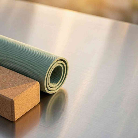Yoga mat on a metal background. Selective focus. Copy space.