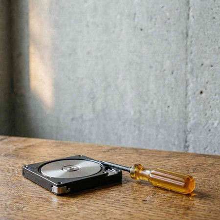 Screwdriver and hard drive on a wooden table with copy space