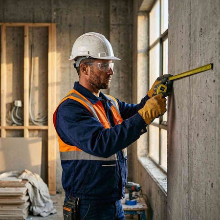 Portrait of a male construction worker using a measuring tape at a construction site