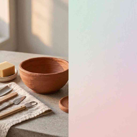 Clay pottery tools on the table in the kitchen. Copy space.