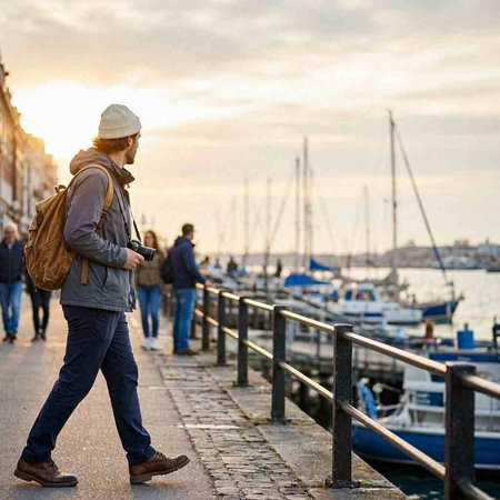 A young man with a backpack walks along the embankment of the port of Trieste.