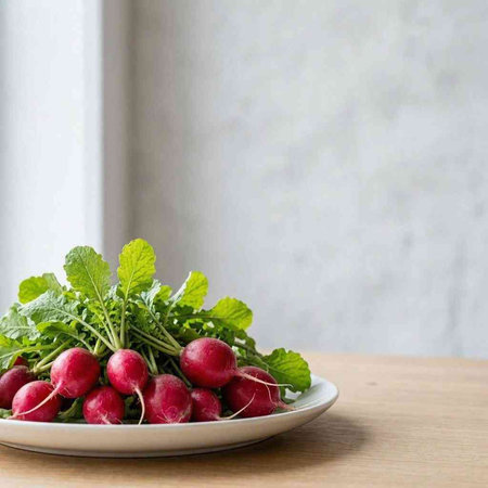 Bunch of red radishes on a white plate on a wooden table