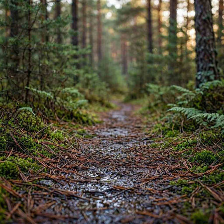 Forest trail with moss and pine trees in the morning. Finland.
