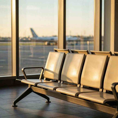 Waiting area at the airport. Airplane in the background.