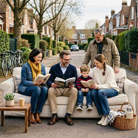 Happy family reading books together on sofa in the garden. Multiethnic family spending time together.