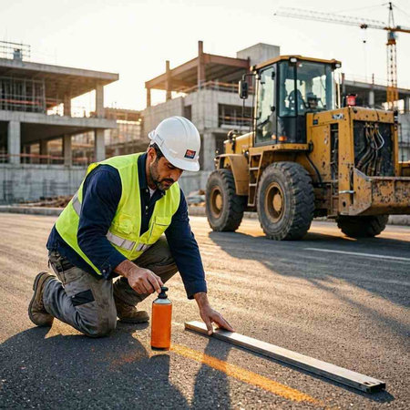 Worker using a sander to cut a part of the road