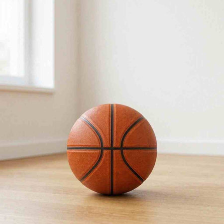 Basketball ball on a wooden floor in a room with a window