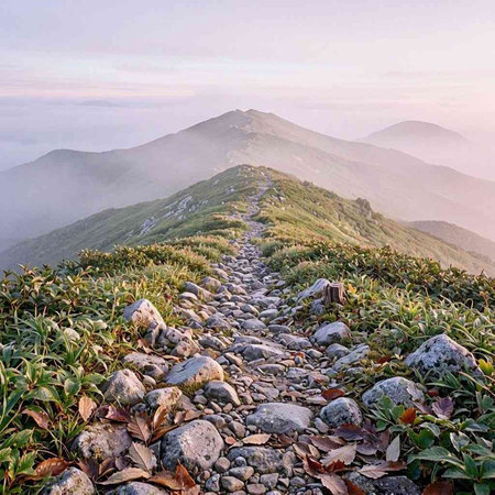 Landscape of the mountains and the path in the morning mist.