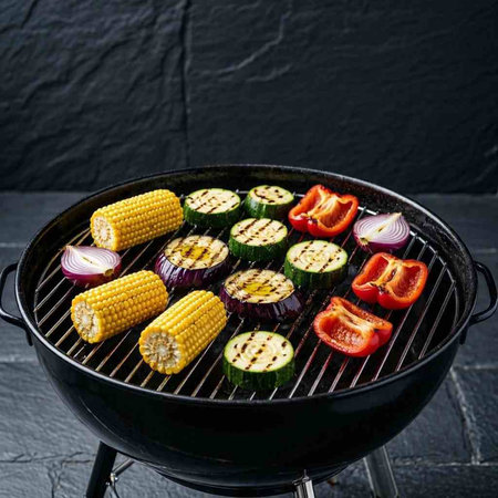 Grilled vegetables on a barbecue grill on a black background, horizontal