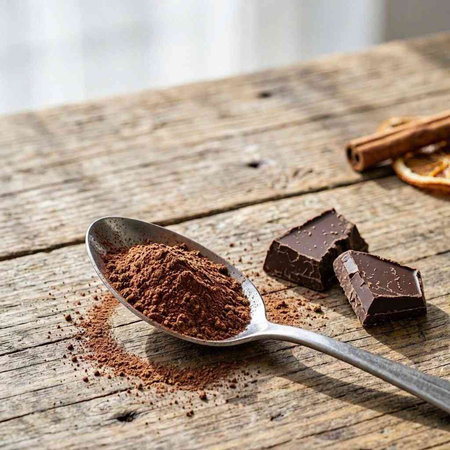 Spoon with cocoa powder, pieces of chocolate and spices on a wooden table