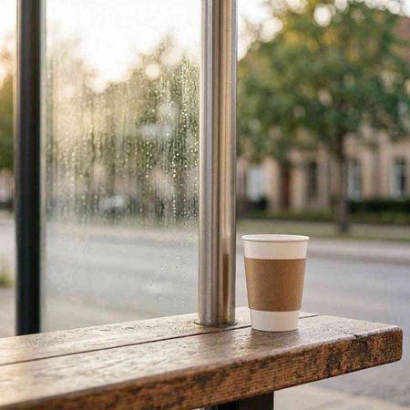A paper cup of coffee stands on a wooden table in the rain.