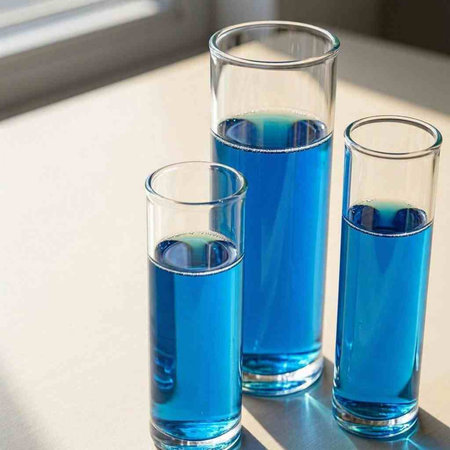 Three glasses with blue liquid stand on a table in the sunlight.