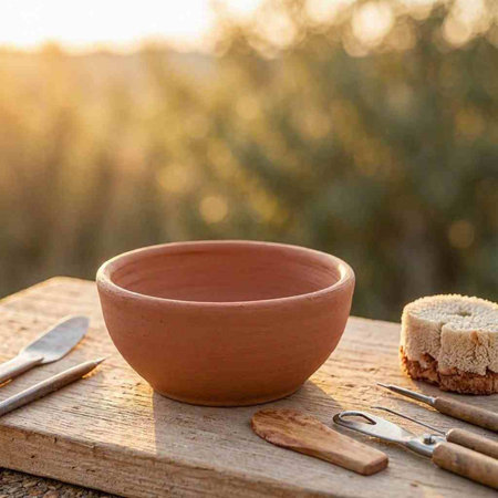 A clay bowl and bread on a wooden table in the countryside.