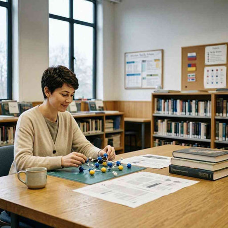 Young college student sitting at a desk in a library, studying.