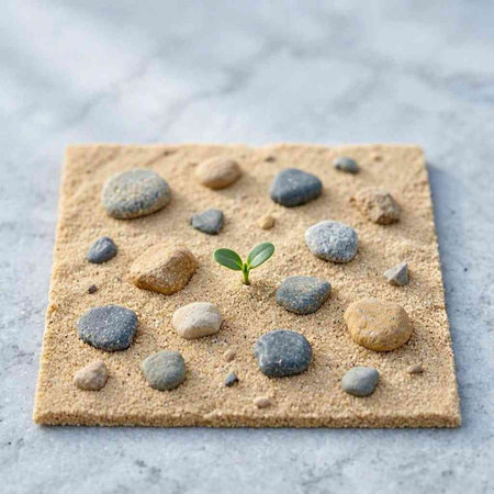 Green sprout growing out of a piece of bread with pebbles