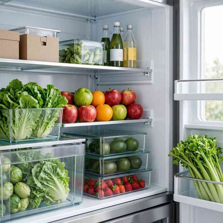 Open refrigerator full of healthy food. Fruits and vegetables in refrigerator.