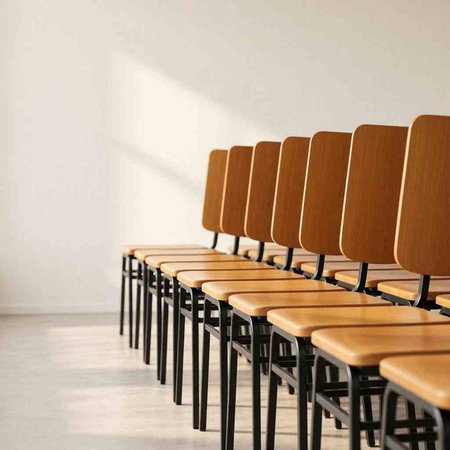 Row of chairs in a conference room, ready to be used.