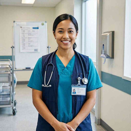 Portrait of a nurse smiling at the camera in a hospital corridor