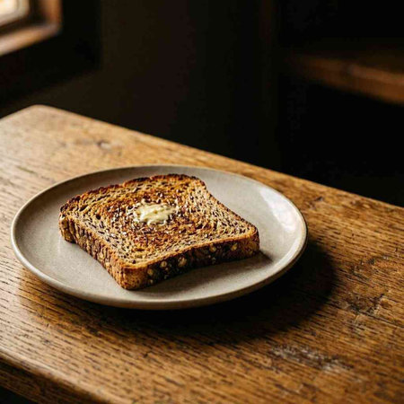 Toast with butter on a wooden table in a rustic cafe