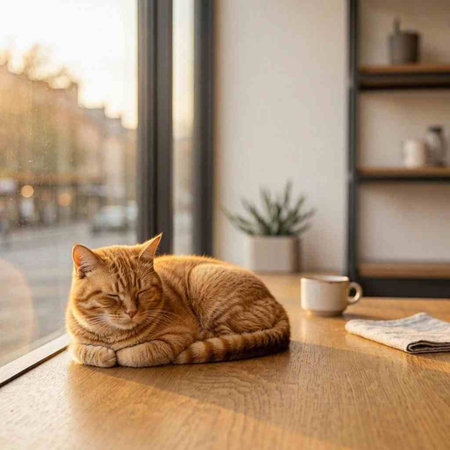 Cute ginger cat lies on a wooden table near the window.
