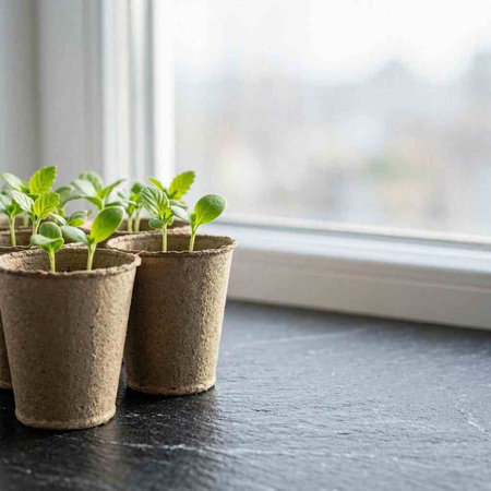 Small green seedlings in peat pots on the windowsill.