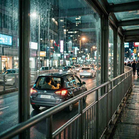Car driving on the street at night in New York City, USA.