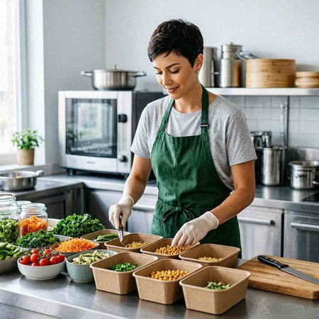 Young woman in apron preparing healthy food in the kitchen at home