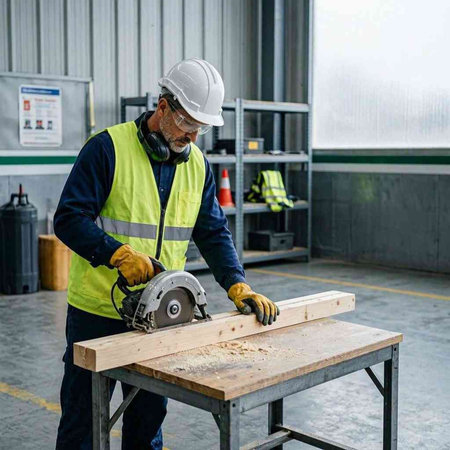Warehouse worker using a circular saw to cut a wooden board.