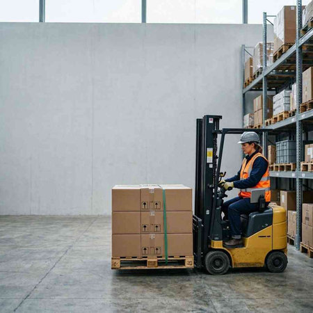 Worker driving forklift in warehouse. This is a freight transportation and distribution warehouse. Industrial and industrial workers