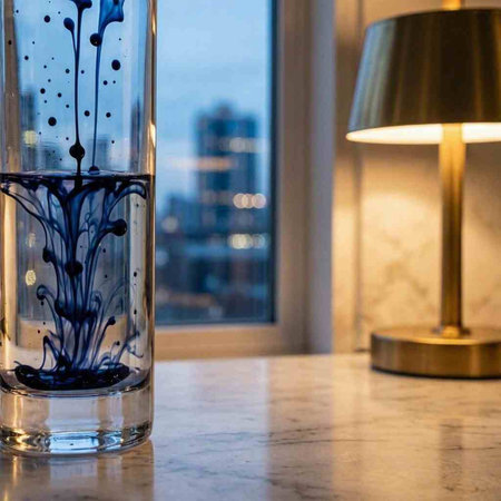 Glass vase with blue paint on the table in the room.