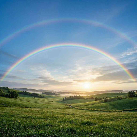 rainbow over the green meadow in the morning, beautiful photo digital picture