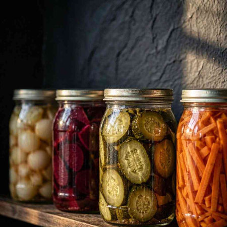 Glass jars with pickled vegetables on a wooden shelf against a dark wall