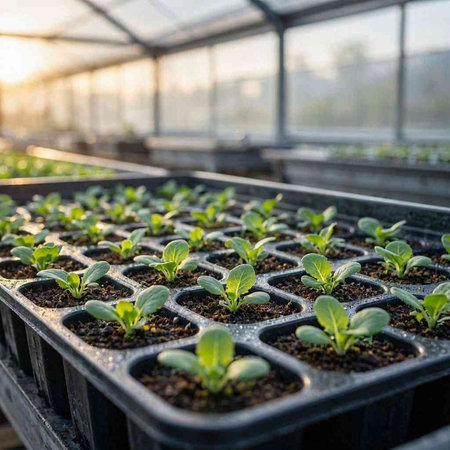 Seedlings of chard in plastic pots in a greenhouse.