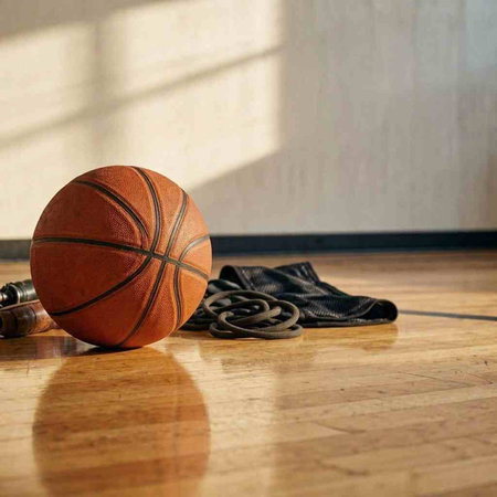 Basketball ball and gloves on wooden floor. Sport concept. Copy space.
