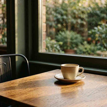 Cup of coffee on a wooden table in a cafe or restaurant