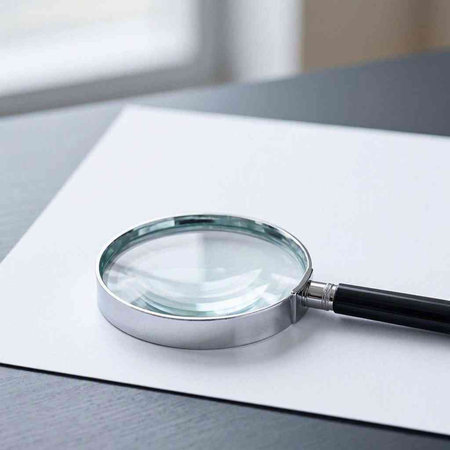 Magnifying glass on a white sheet of paper. Close-up.