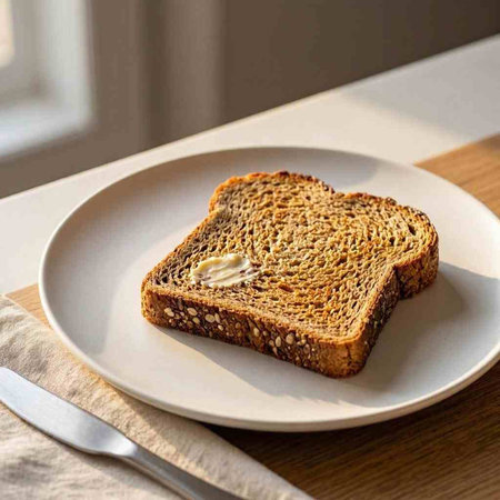 Slices of toast bread with butter on a white plate.