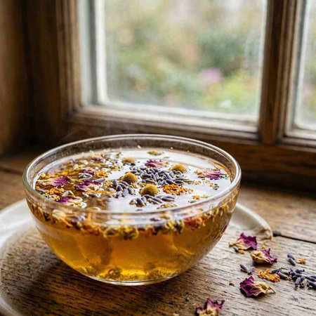 A cup of herbal tea with dried flowers on the windowsill.