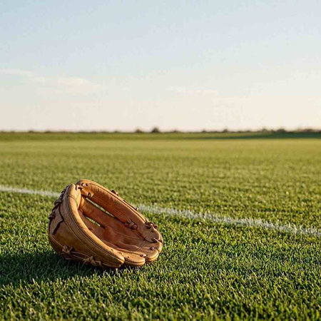 A baseball glove on a green grass field. Selective focus.