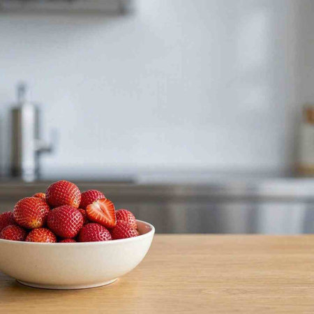 Strawberries in a bowl on a wooden table in the kitchen