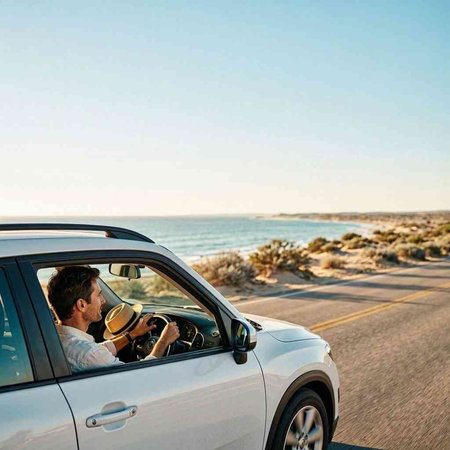 Man driving a car on a road trip to the beach with a view of the ocean