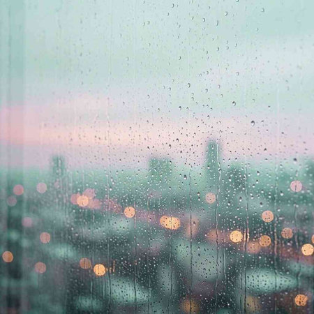 Rain drops on the glass. Blurred city lights in the background.