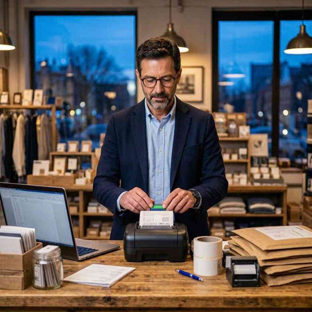 Portrait of a handsome mature man with a beard in a blue jacket and glasses holding a credit card at a coffee shop