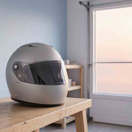 Gray motorcycle helmet on a wooden table in a room with a window