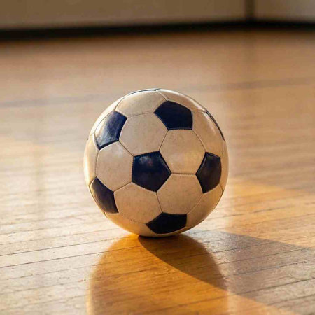soccer ball on the floor of a room with wooden laminate