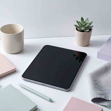 Mockup digital tablet with blank screen on white table background.