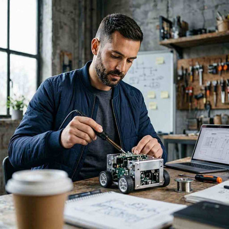 Technician repairing robot at workshop. Handsome bearded man in casual clothes working with electronic device in workshop.